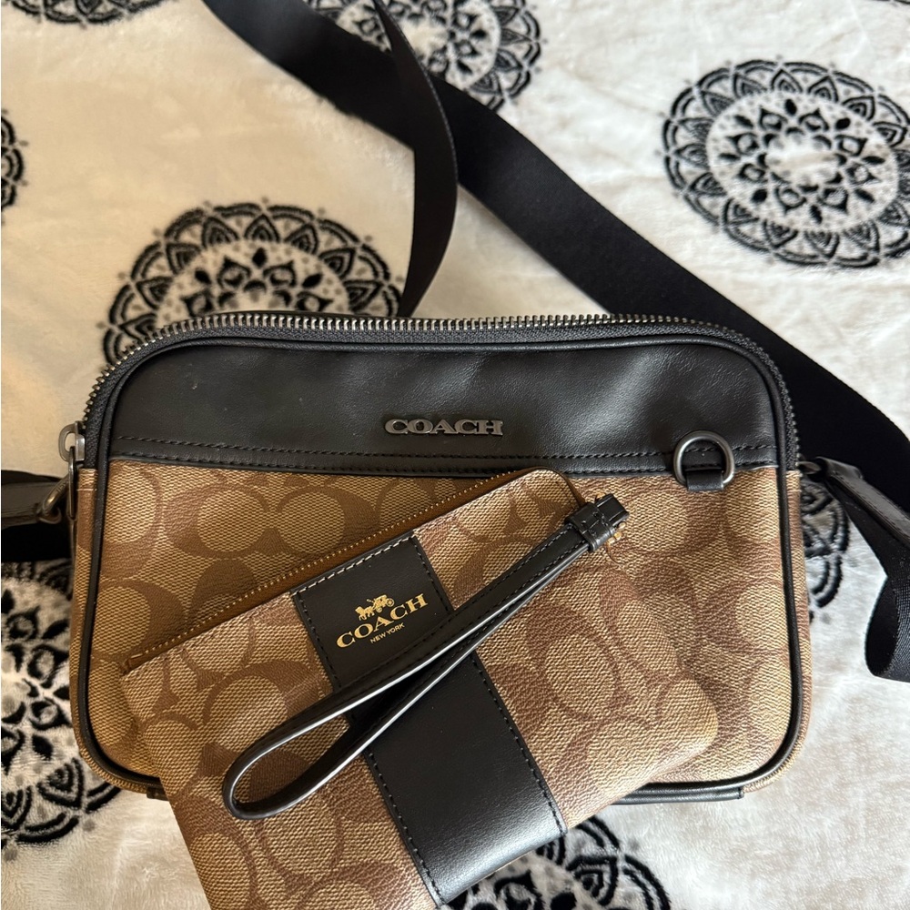 Coach Brown and Black Crossbody Bag with Wristlet